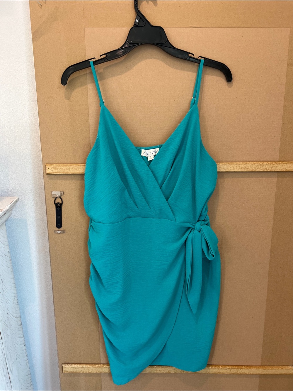 She + Sky Teal Faux-Wrap Spaghetti Strap Mini Dress